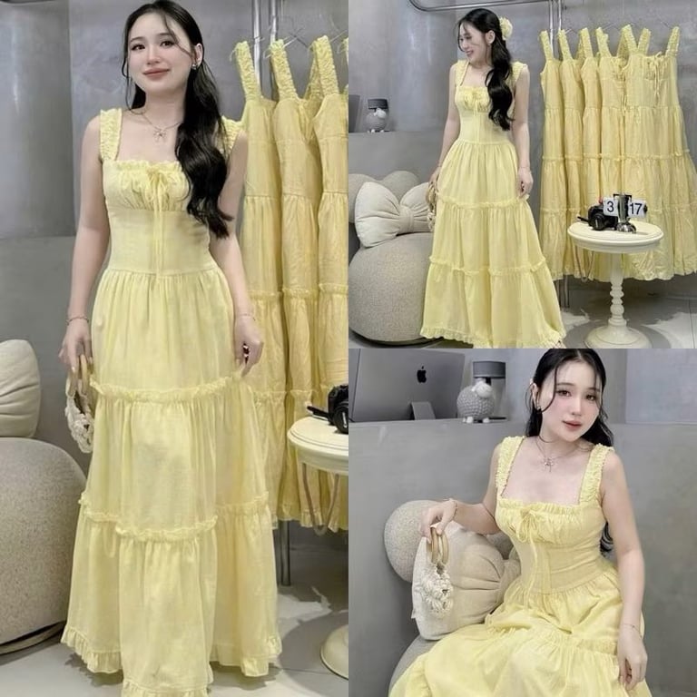 Váy Maxi 2 Dây Form Xòe Hàng 2 Lớp Chun Nhúm Ngực