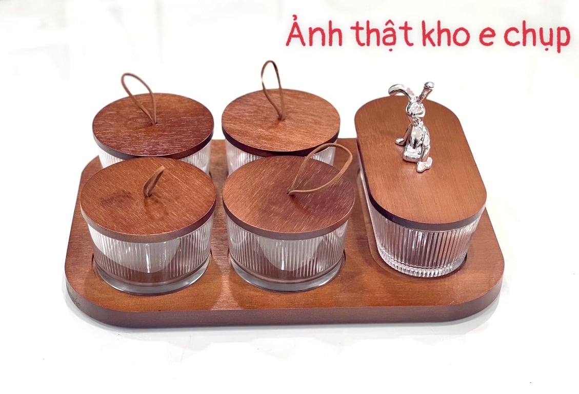 Set_hũ_đựng hạt kèm khay gỗ vintage nắp thỏ siêu xinh