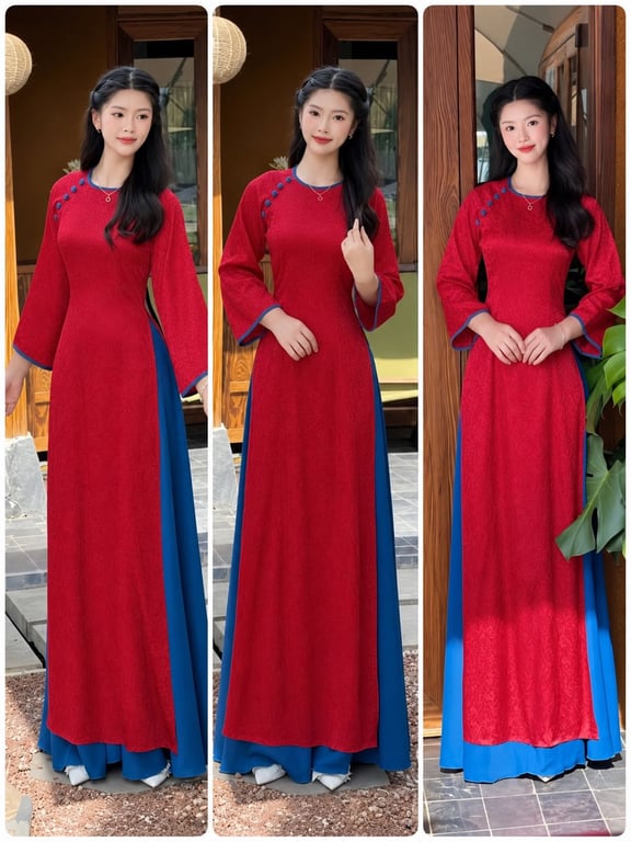 AD gấm đỏ cổ tròn viền xanh (S->XXXL)