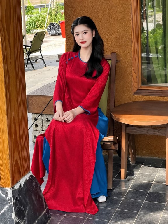 AD gấm đỏ cổ tròn viền xanh (S->XXXL)