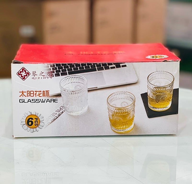 Bộ 6 cốc thủy tinh dập nổi hoa mặt trời 300ml