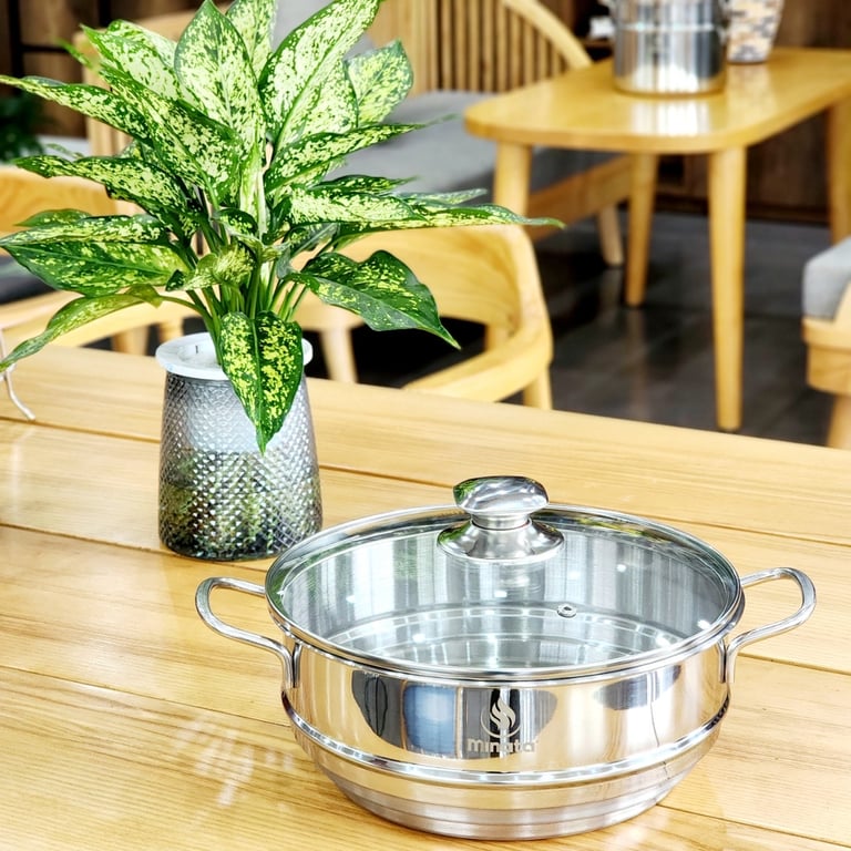 Xửng hấp 3 nấc inox - kèm VUNG KÍNH Minata size 24cm