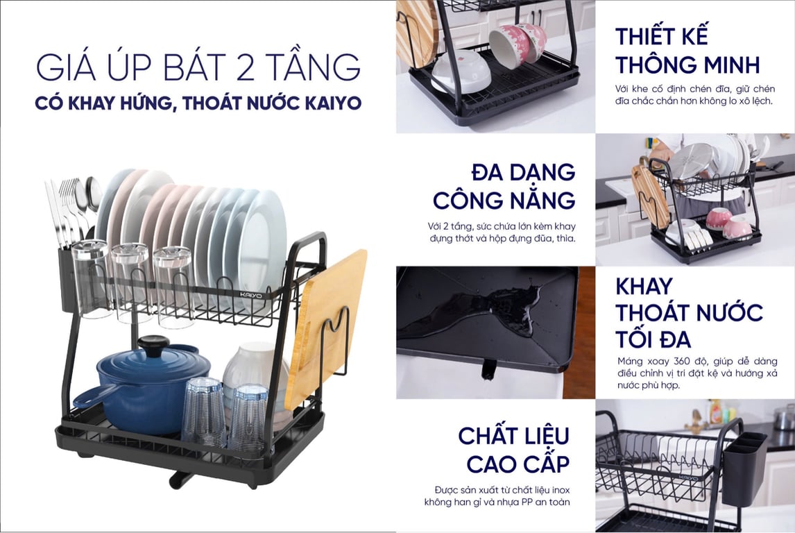 Giá úp bát 2 tầng có khay hứng thoát nước mọi hướng Kaiyo