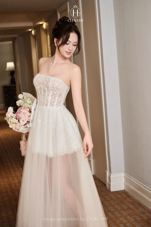 Đầm đi tiệc ren trễ vai/ cúp ngực Châu Hy
