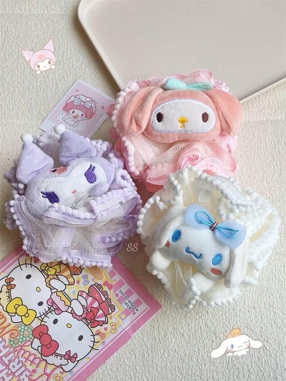 Bông Tắm Tạo Bọt Vải Lưới Hình Thú Nhồi Bông Kuromi - Melody - Cinnamoroll - Pochacco Bông Tắm Tẩy Tế Bào Chết