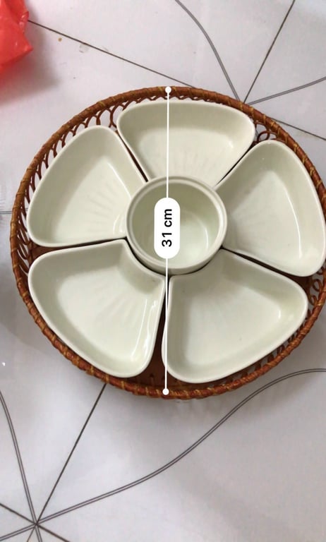 Bộ Bát Đĩa Hoa Mai Men Trắng Sứ Sương Bát Tràng Cao Cấp Kèm Khay Mây