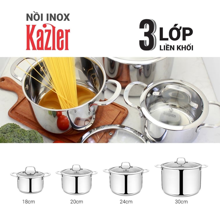 NỒI LẺ INOX 3 LỚP LIỀN KHỐI KALPEN KAZLER 18 20 24 30cm