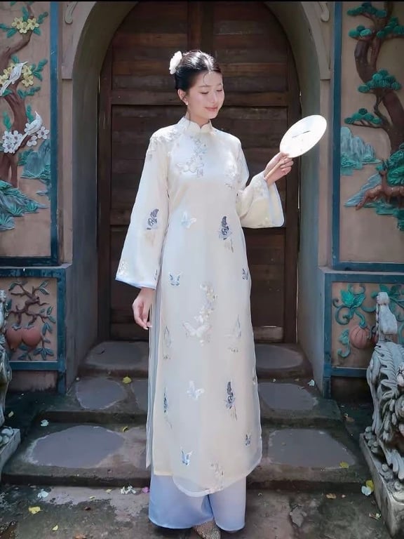 Áo dài thêu viền xanh - freesize S M