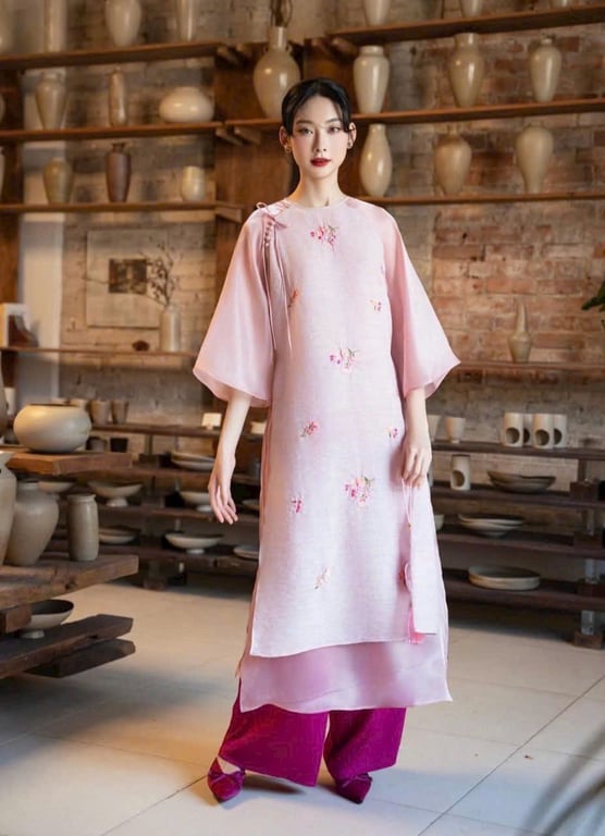 AD 4 tà tơ thêu hồng phấn cổ tròn L/XL
