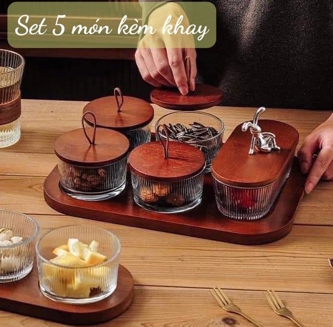 Set_hũ_đựng hạt kèm khay gỗ vintage nắp thỏ siêu xinh
