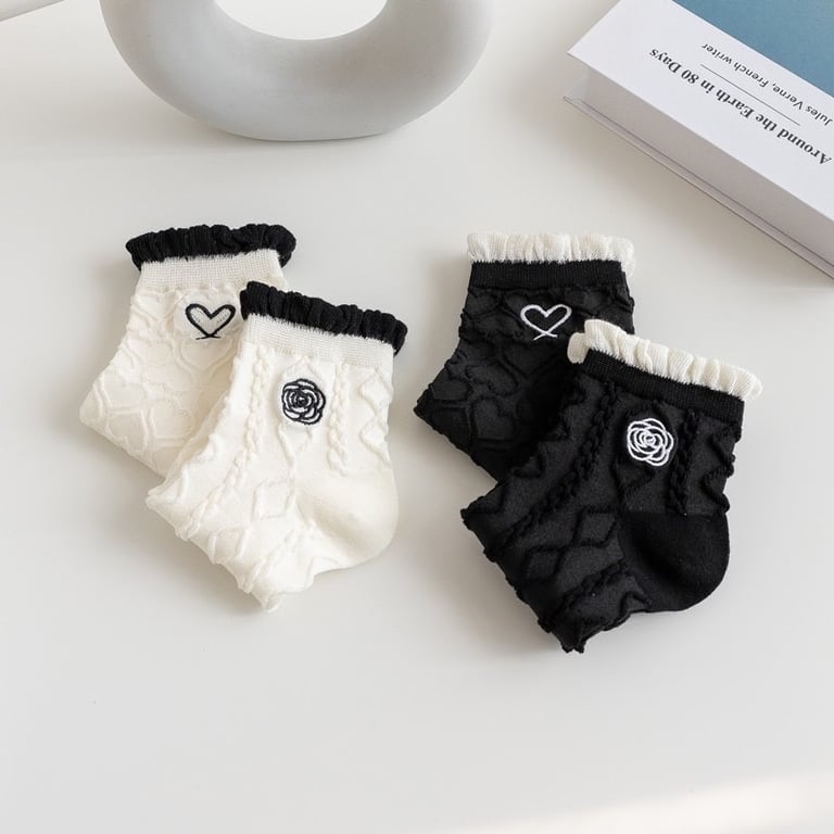 Set 5 tất nữ cổ thấp viền ren Họa Tiết Trái Tim Phong Cách Hàn Quốc Dễ Thương #MC29