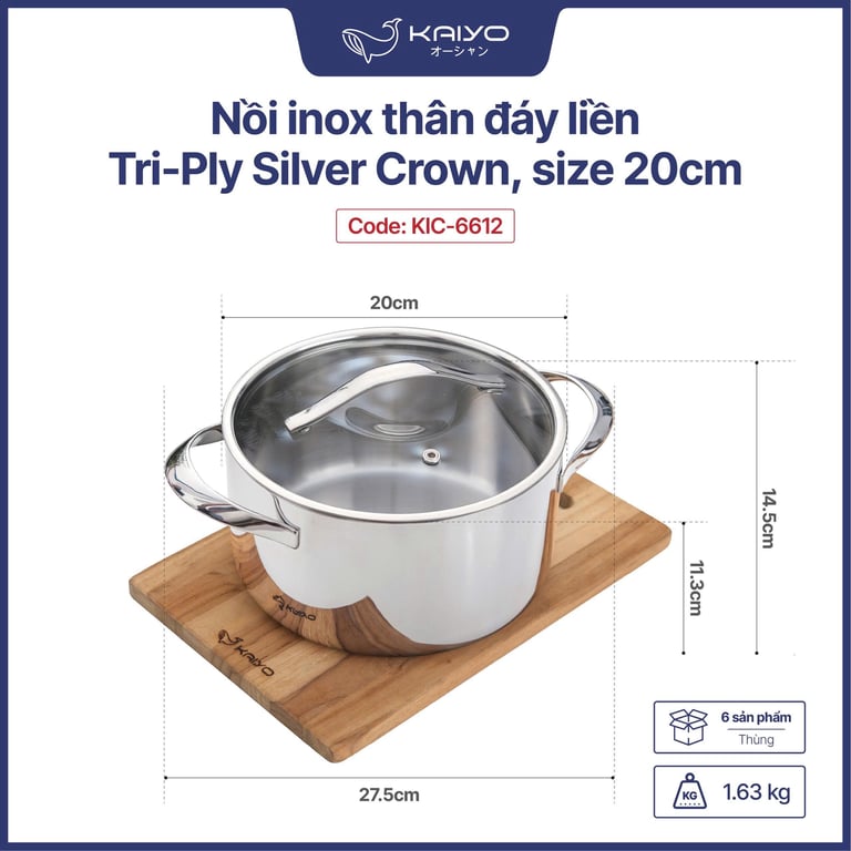Nồi inox thân đáy liền Tri-Ply Silver Crown Kaiyo sz 18-20-24❤️