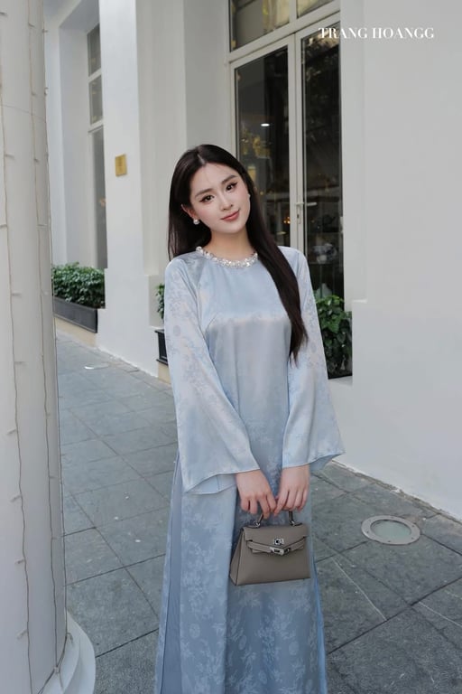 Áo dài lụa cổ đá 3 màu xanh, kem, hồng