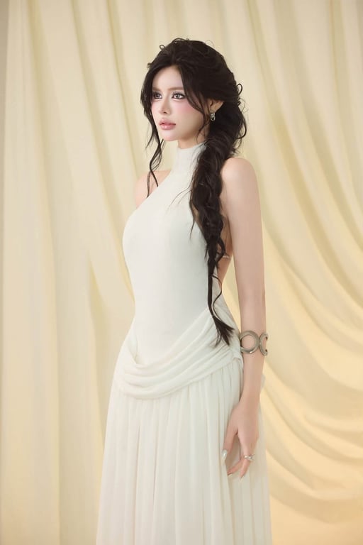 Đầm maxi cổ yếm phối tùng brand G.U
