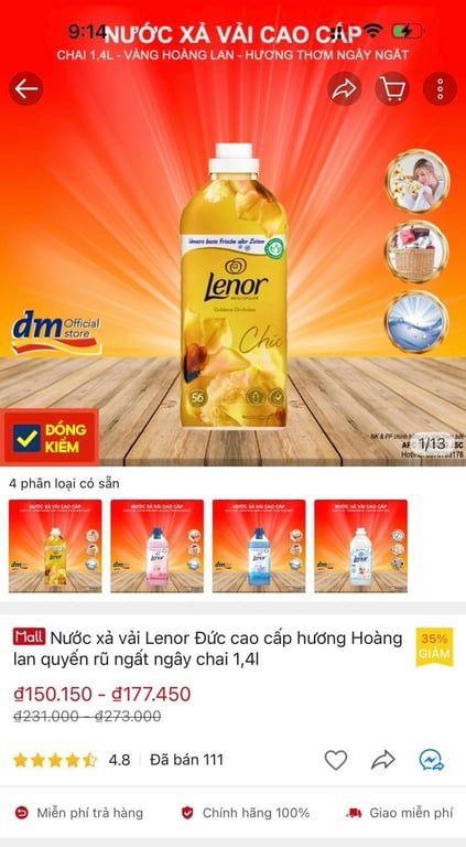 Nước xả vải cao cấp Lenor hương Hoàng Lan – Chai 1.4L