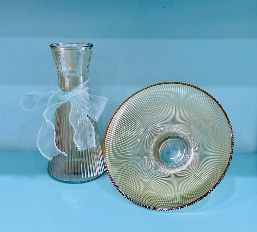 BỘ ĐÔI LỌ HOA + KHAY TRÁI CÂY THỦY TINH