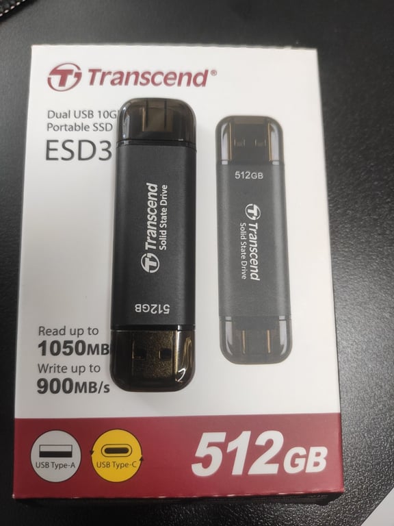 Ổ Cứng Di Động SSD Transcend 512Gb TS512GESD310C (Type-C và USB3.2/ 1050Mb/s/ 950Mb/s/ Đen)