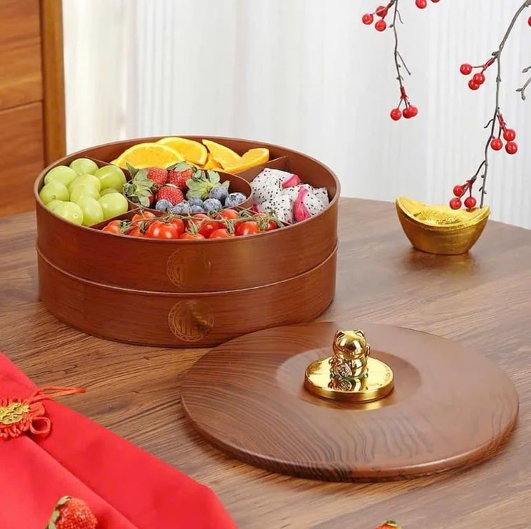 KHAY MỨT TẾT MÈO THẦN TÀI – CHỮ PHÚC – MÀU GỖ SANG TRỌNG