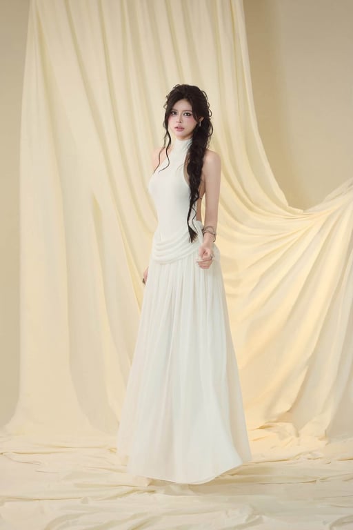 Đầm maxi cổ yếm phối tùng brand G.U