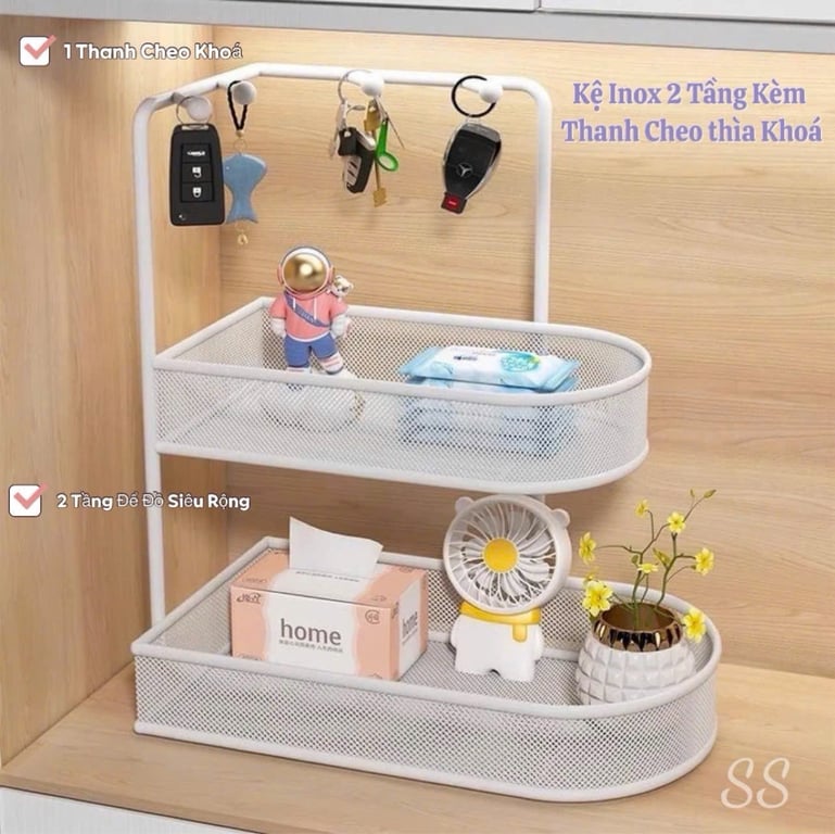 Kệ Inox 2 Tầng Có Thanh Cheo Kèm 5 Móc Tiện Lợi , Có Khay Mắt Cáo Đựng Đồ Đa Năng 📌