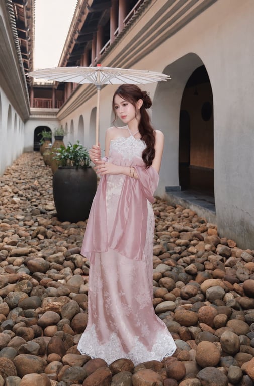 AD yếm lụa viền ren hồng kèm khăn S/M