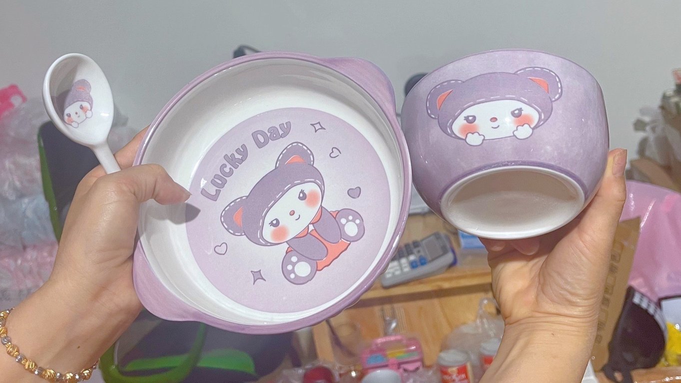 Set Bát Sứ Kèm Thìa Hình Gấu Cute