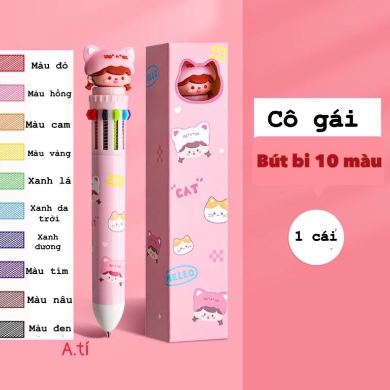 Set 10 Bút bi 10 ngòi 10 màu Gấu Nâu