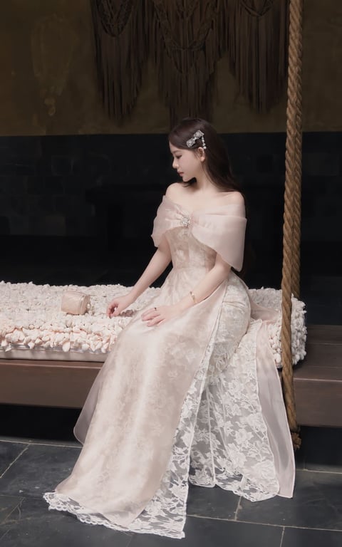 AD trễ vai nơ be lót ren S/M/L