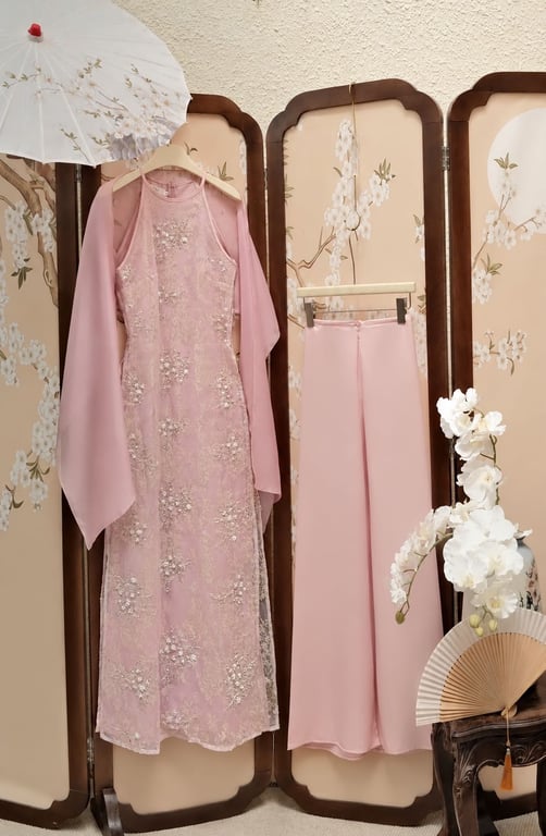 AD yếm ren đá hồng kèm khăn S/M