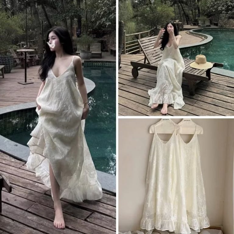 Váy maxi thêu hoa 2 dây tùng xòe form rộng