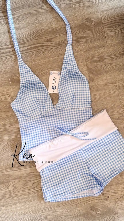Bikini 2 mảnh xanh trắng caro
