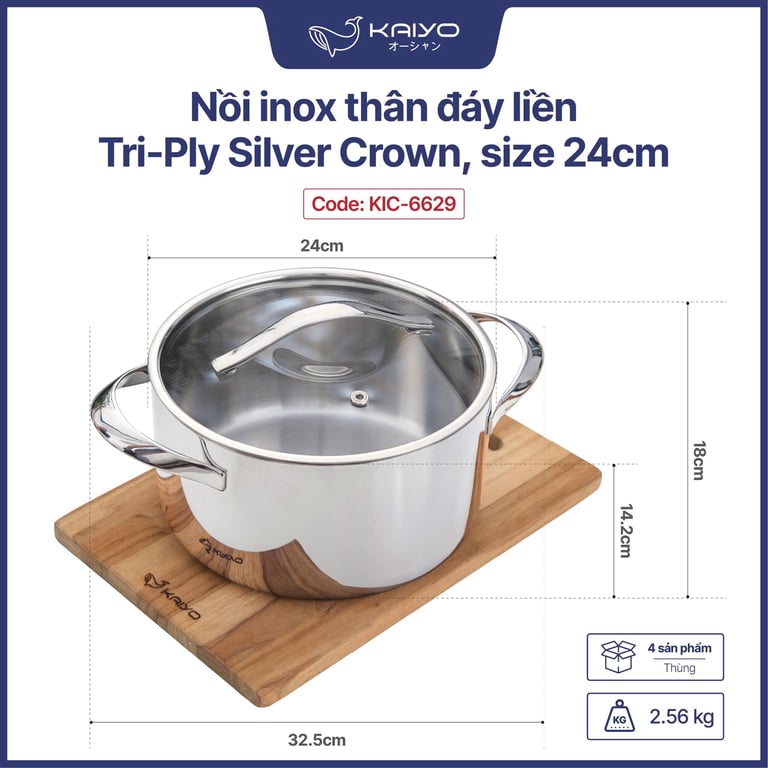 Nồi inox thân đáy liền Tri-Ply Silver Crown Kaiyo sz 18-20-24❤️