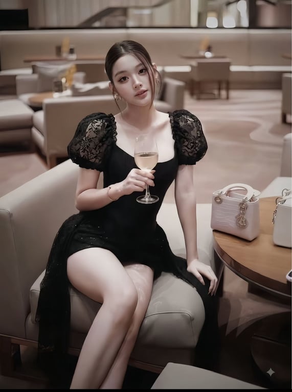 Đầm cup tay hồng form xoè ngắn phối tua rua