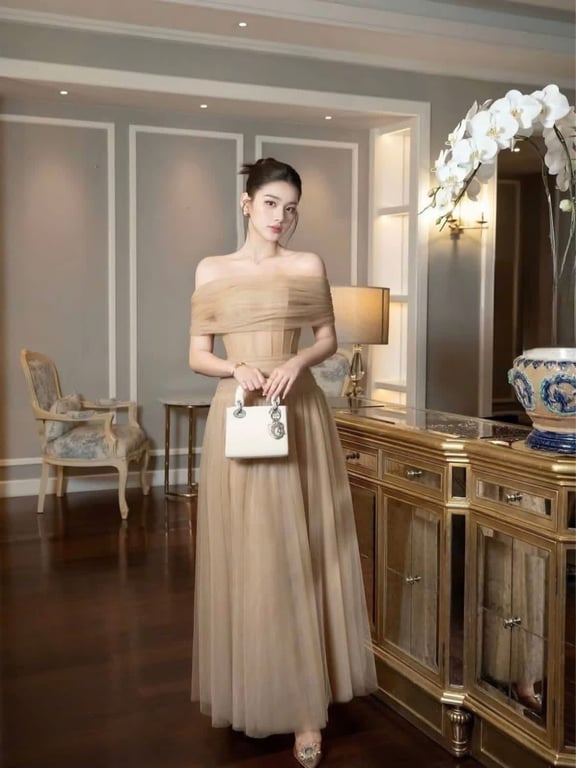 TD1 Váy ren trễ vai gọng dáng dài