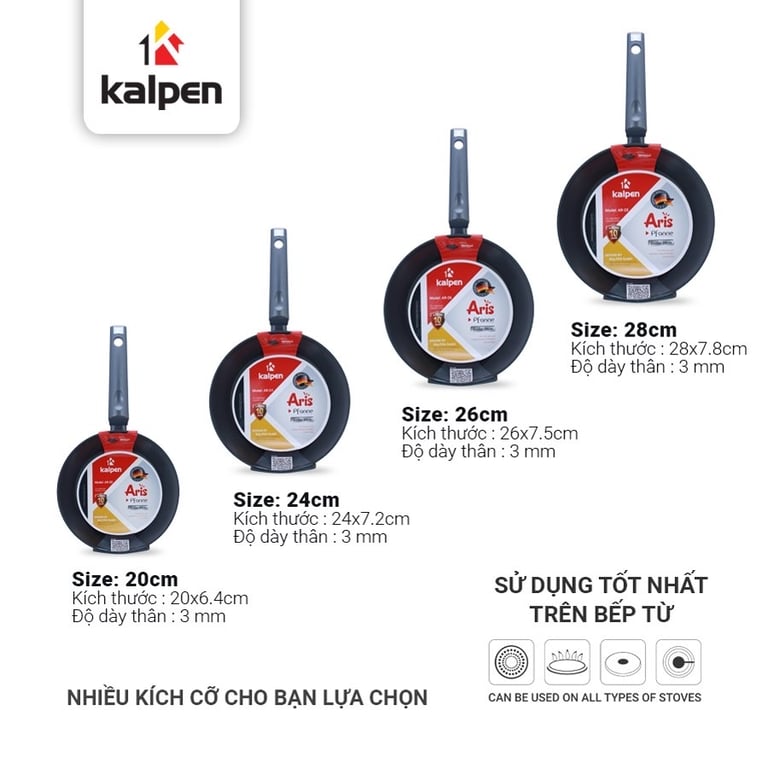 CHẢO CHỐNG DÍNH SÂU LÒNG ĐÁY TỪ KALPEN ARIS ĐỦ SIZE 20CM, 24CM, 26CM, 28CM