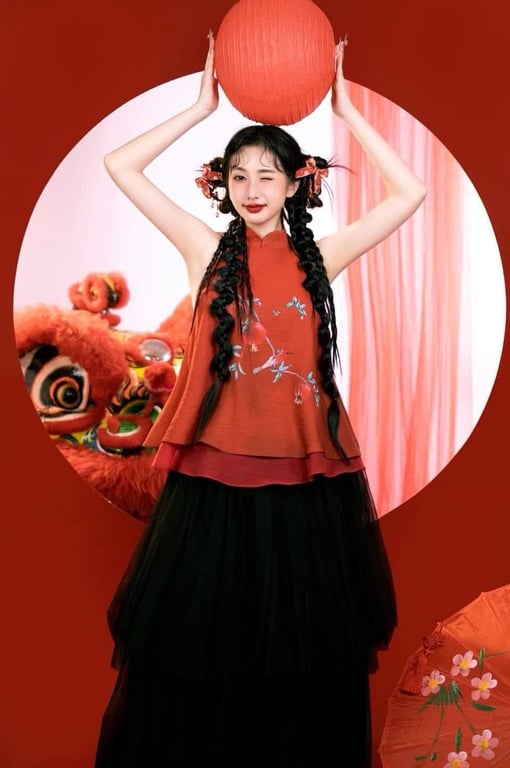Set yếm lựu lụa đỏ