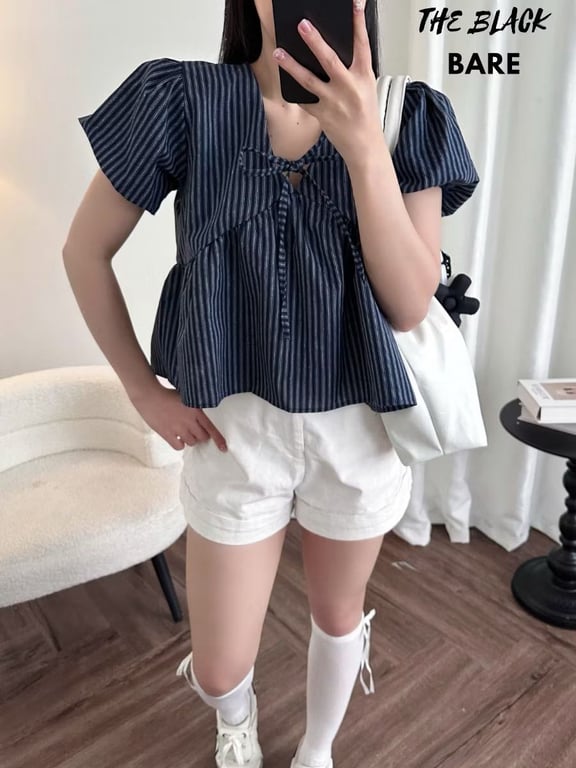 Áo Babydoll Tay Phồng Cổ Tim Linen Cao Cấp Sọc/Caro