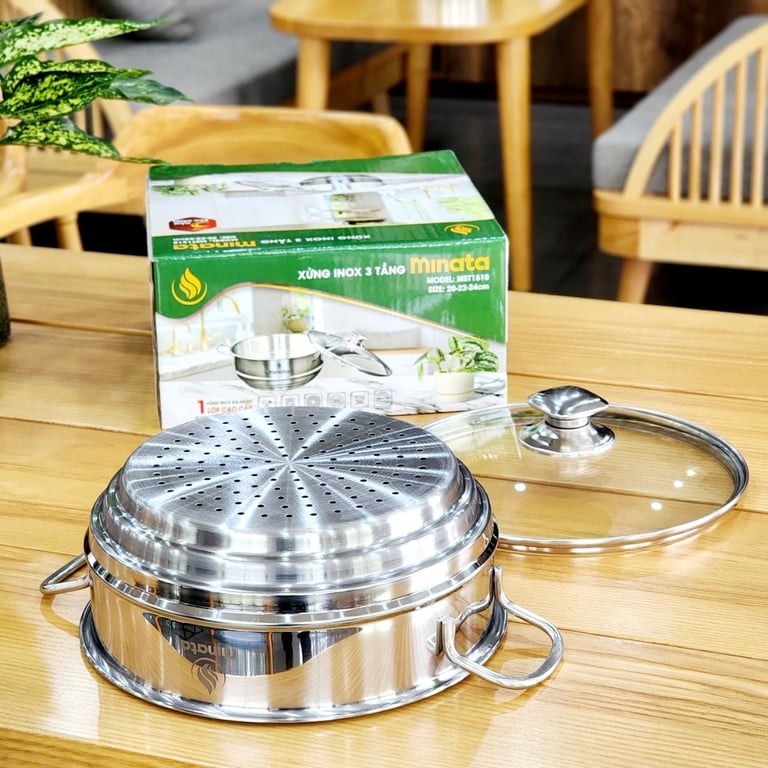 Xửng hấp 3 nấc inox - kèm VUNG KÍNH Minata size 24cm