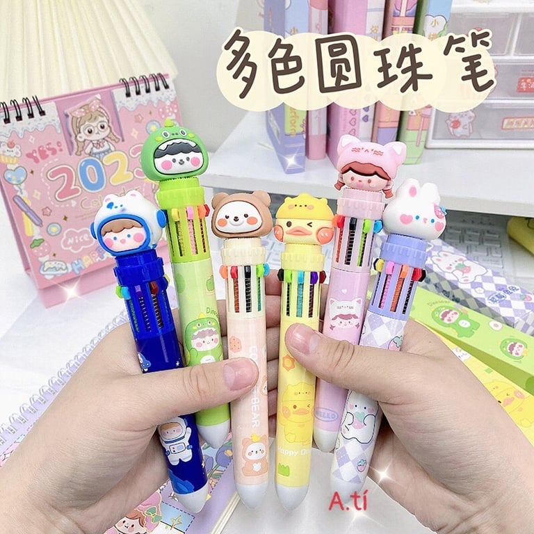 Set 10 Bút bi 10 ngòi 10 màu Gấu Nâu