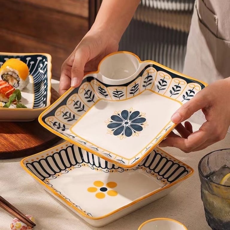 Bộ 4 đĩa kèm bát chấm phong cách retro 18cm