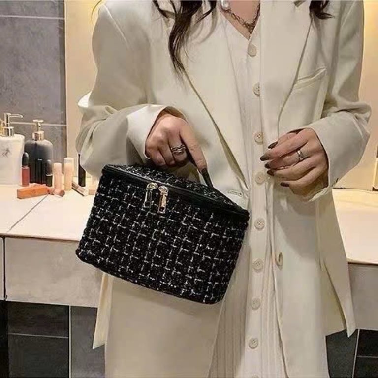 Túi đựng mỹ phẩm hình hộp chất liệu vải dạ Tweed sang trọng