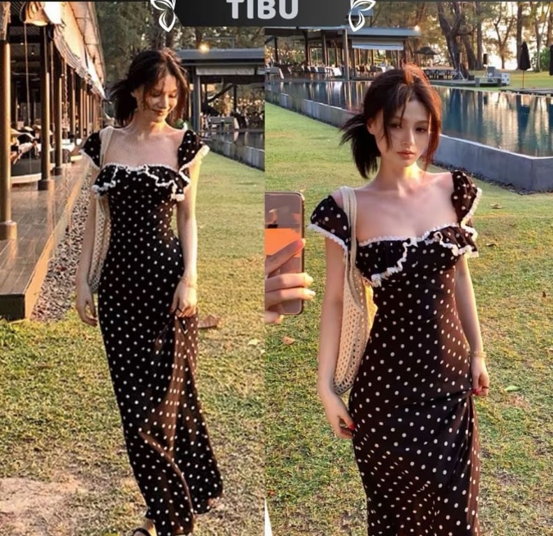 Đầm maxi cánh tiên viền bèo chấm bi