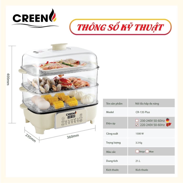 nồi lẩu đa năng kèm vỉ hấp 3 tầng CR-135 Plus