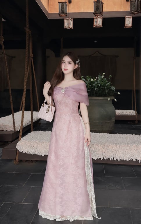 AD trễ vai nơ hồng lót ren S/M/L