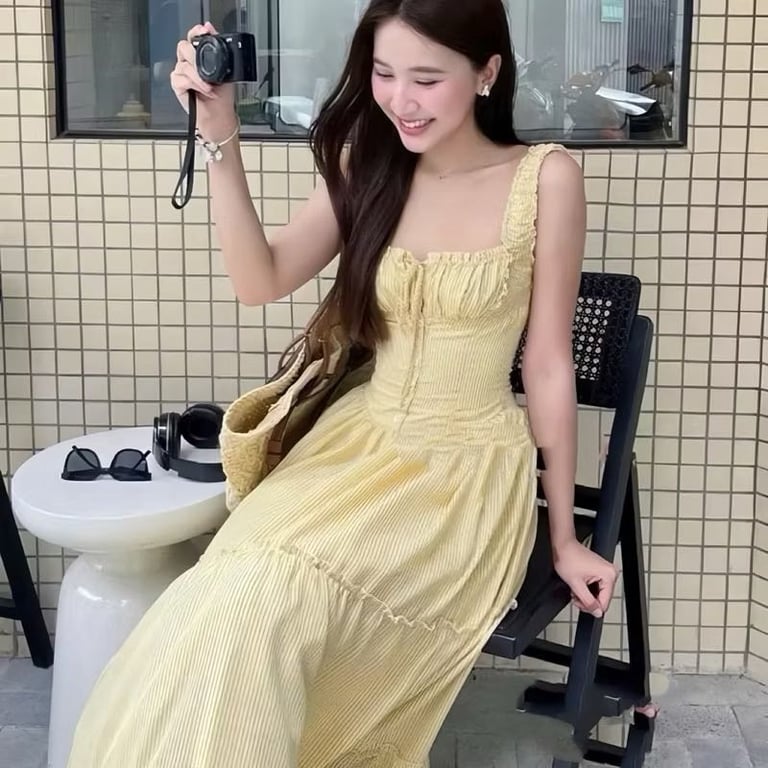Váy Maxi 2 Dây Form Xòe Hàng 2 Lớp Chun Nhúm Ngực