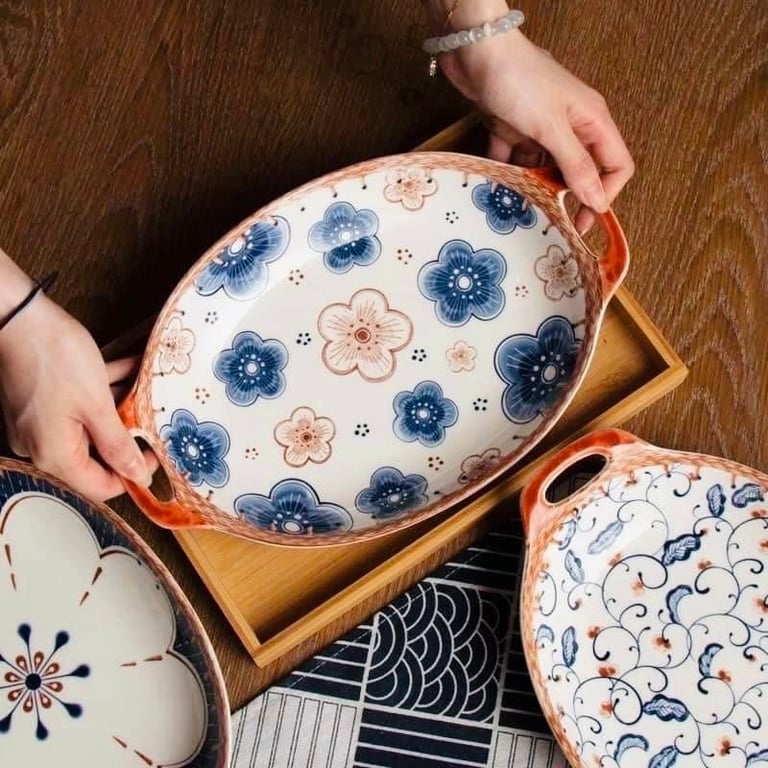 Đĩa sứ 2 quai tai cá phong cách Nhật Bản