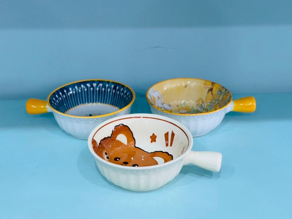 Set 3 tô sứ tròn thổ cẩm có tay cầm 15cm