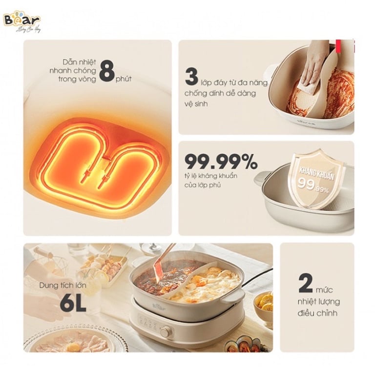 Nồi lẩu Bear 2 ngăn SB-NL60U, dung tích 6L
