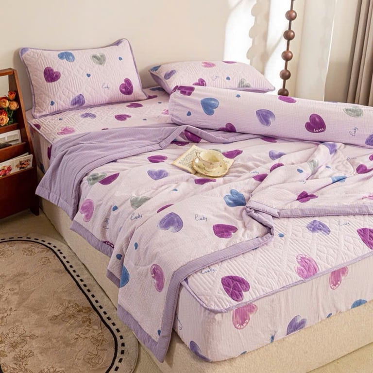 Set Chăn ga gối trần bông micro mềm mại, êm ái, hoạ tiết trái tim