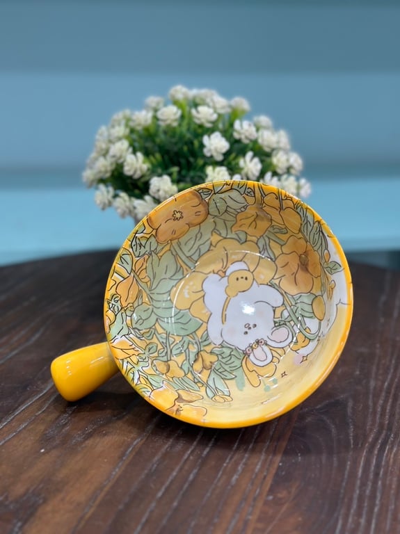 Set 3 tô sứ tròn thổ cẩm có tay cầm 15cm